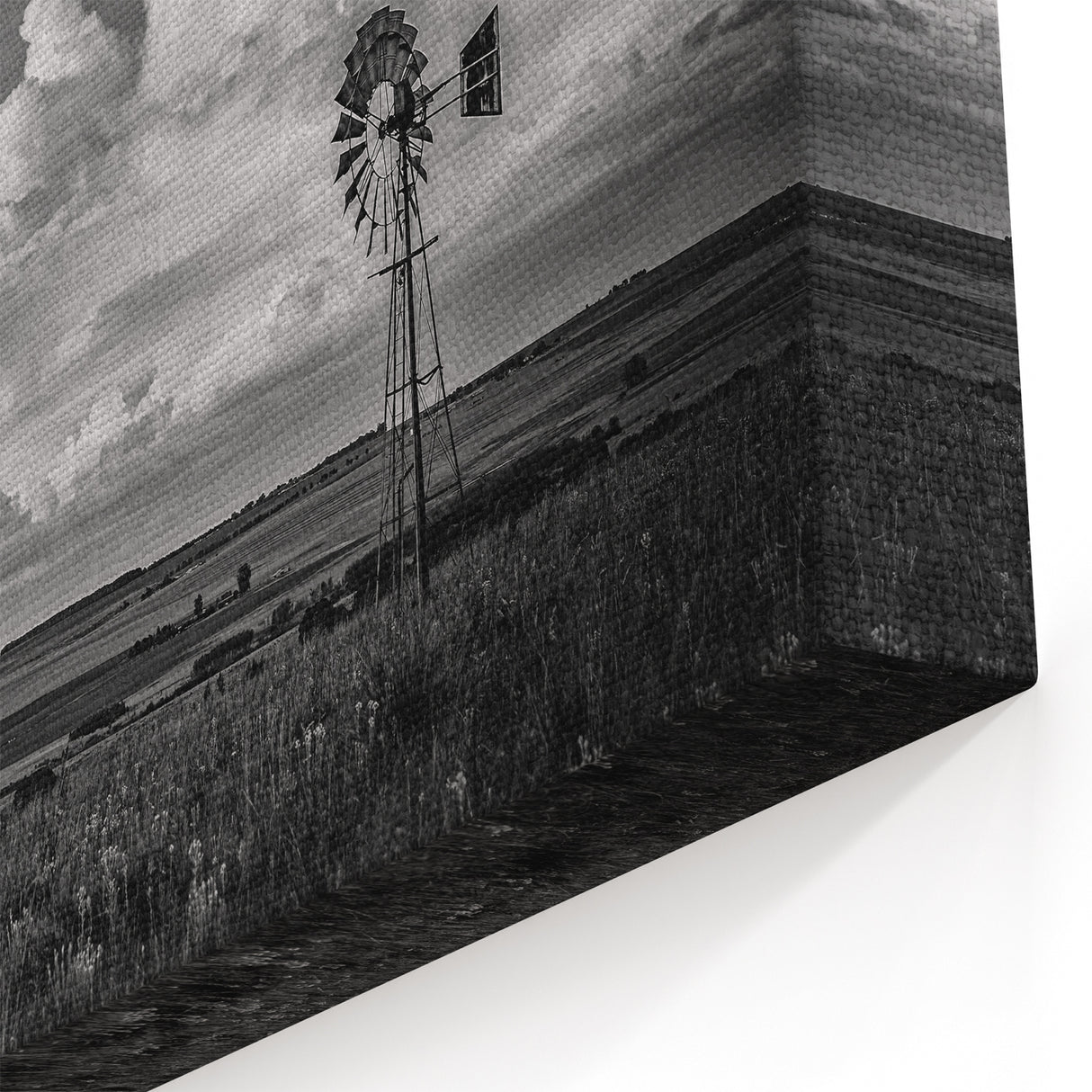 Dramatic Windmill & Cloudscape - Black & White Canvas Art Print