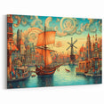Whimsical Harbor Town & Windmill - Colorful Fantasy Canvas Art