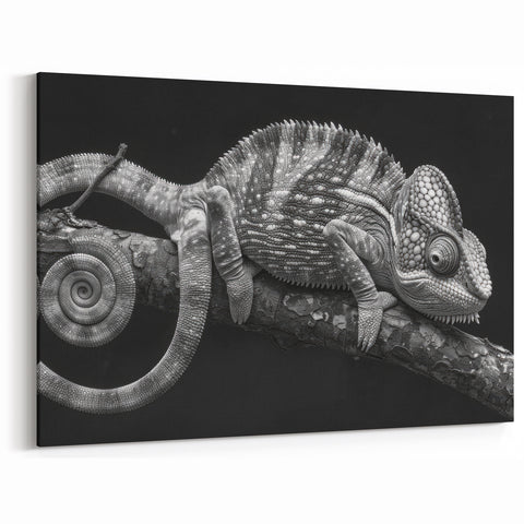 Monochrome Chameleon Wall Art - Black and White Reptile Canvas Print