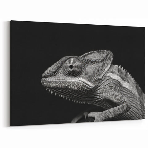 Dramatic Chameleon Close Up Wall Art - Black and White Canvas Print