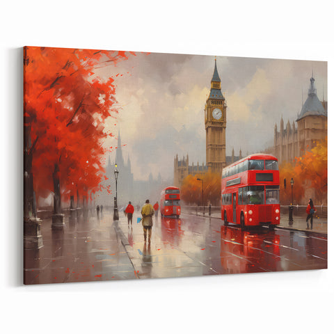 Autumn London Street Art - Red Buses & Big Ben Canvas Painting