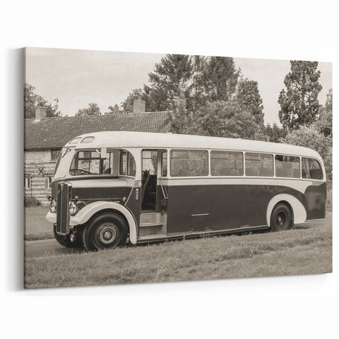 Service Vehicles Wall Art - Vintage Bus in Rural Setting Sepia Print