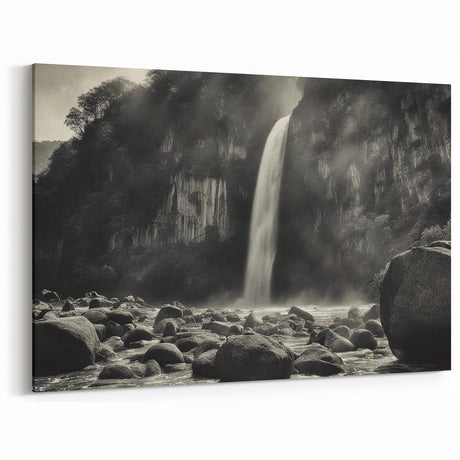 Misty Waterfall with Rocks – Dramatic Black and White Rock Wall Art