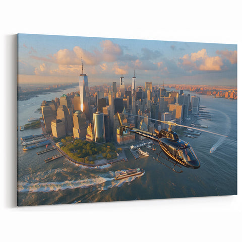 Helicopter Over Manhattan Wall Art - Vibrant Cityscape Aviation Print