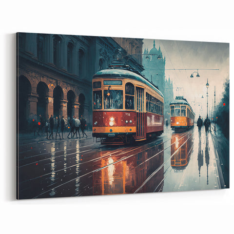 Urban Rainy Day Tram Wall Art - Vintage Service Vehicle Print