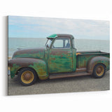 Vintage Green Truck by the Sea - Rustic Coastal Truck Wall Art Print