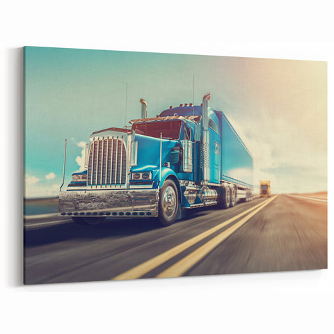 Dynamic Blue Semi-Truck Wall Art - Modern Highway Truck Canvas Print