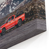 Bold Red Truck in Mountain Landscape - Adventure Truck Wall Art Print
