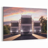 Powerful Trio of Trucks Wall Art - Modern Fleet on the Highway Print