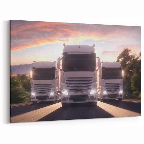 Powerful Trio of Trucks Wall Art - Modern Fleet on the Highway Print
