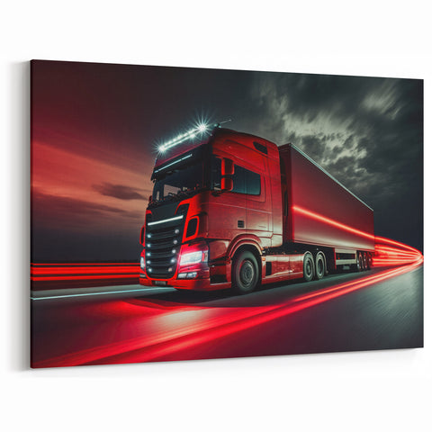 Red Truck at Night Wall Art - Dynamic Modern Highway Truck Print