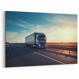 Blue Truck on Open Highway - Serene Sunset Truck Wall Art Print