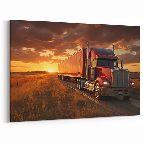 Sunset Highway Truck - Bold Red Semi Truck Wall Art for Home Decor