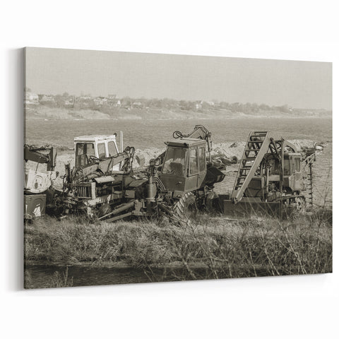 Vintage Excavator Scene Art - Industrial Machinery Sepia Canvas Print