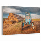 Rustic Farm Tractor Art - Vintage Blue Tractor and Hay Bales Canvas Print