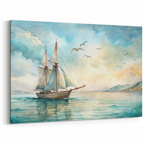Seaside Tranquility - Nautical Canvas Art | Watercolor Sailboat Print