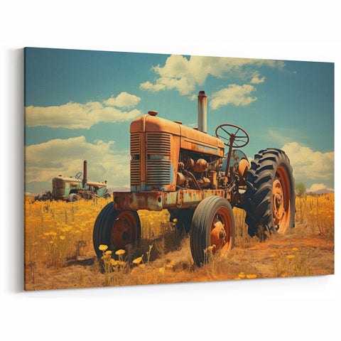 Rustic Tractor in Wildflower Field - Vintage Heavy Equipment Wall Art
