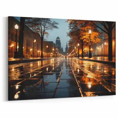Rainy Night City Street Wall Art - Elegant Urban Evening Scene