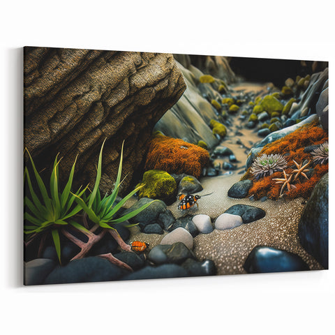 Rock Landscape Posters - Lush Green Plants and Orange Moss in Nature Art