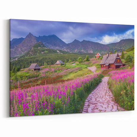 Mountain Meadow Village Wall Art - Scenic Valley Landscape Canvas Print