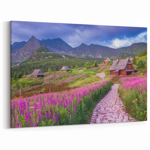 Mountain Meadow Village Wall Art - Scenic Valley Landscape Canvas Print