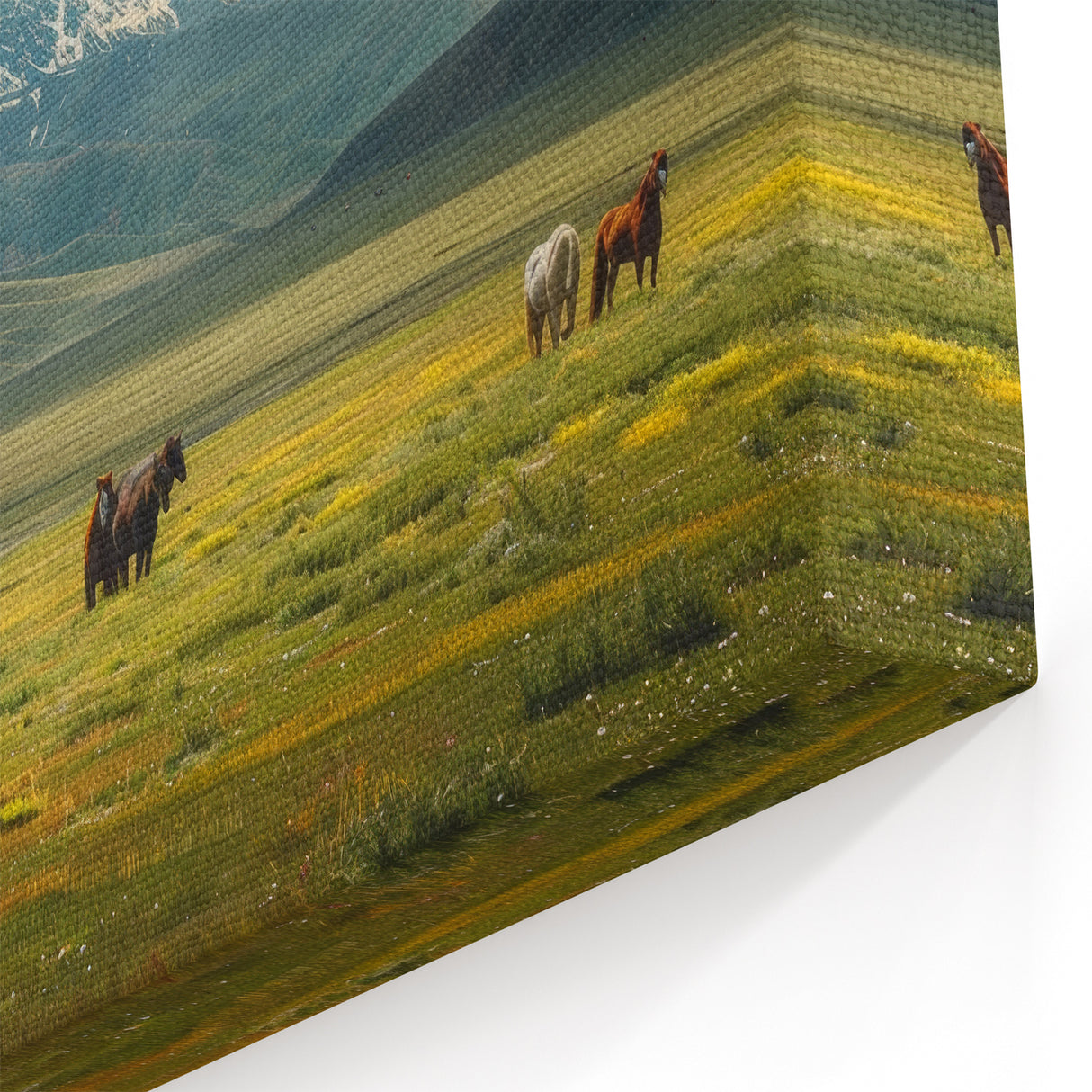 Majestic Mountain Valley Wall Art - Horses in Scenic Meadow Print