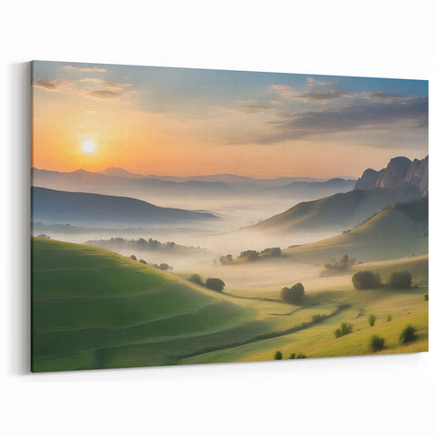 Tranquil Sunrise Valley Wall Art - Serene Morning Mist Canvas Print