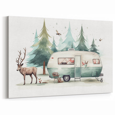 Winter Forest Caravan Art - Retro Camper Van with Wildlife Scene