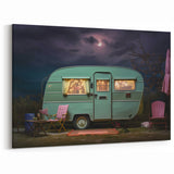 Nighttime Caravan Art - Vintage Camper Van with Moonlit Scene