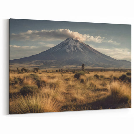 Majestic Volcano Grassland Art – Serene Landscape Canvas Print