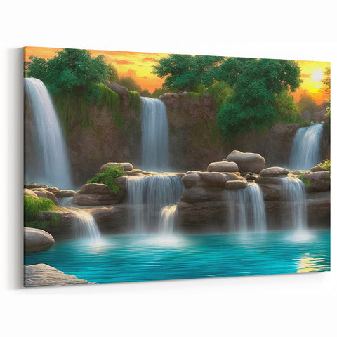 Tranquil Waterfall Canvas - Serene Sunset Landscape Waterfall Painting