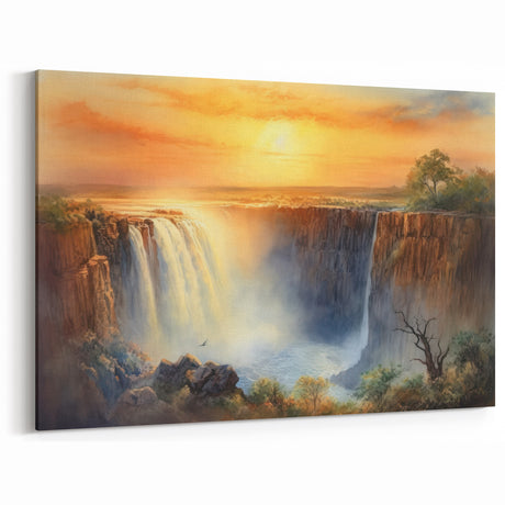 Golden Waterfall Canvas - Majestic Sunset Landscape Waterfall Painting