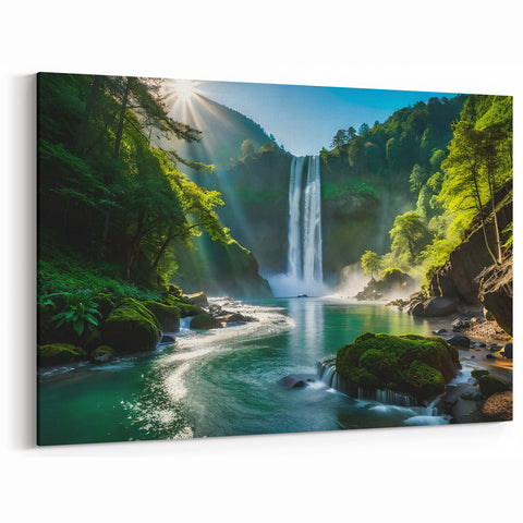 Sunlit Waterfall Canvas - Vibrant Morning Landscape Waterfall Painting