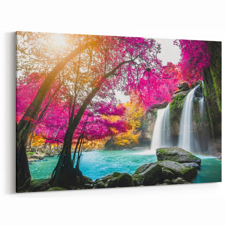 Vibrant Waterfall Canvas - Exotic Pink and Orange Landscape Painting
