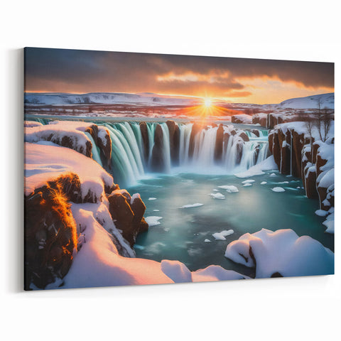 Winter Waterfall Canvas - Majestic Snow-Covered Landscape Painting