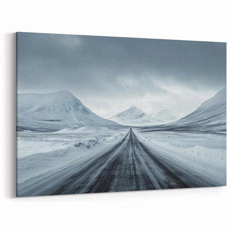 Winter Road Serenity Art – Majestic Snowy Mountain Pathway Canvas Print