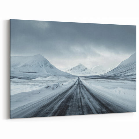 Winter Road Serenity Art – Majestic Snowy Mountain Pathway Canvas Print