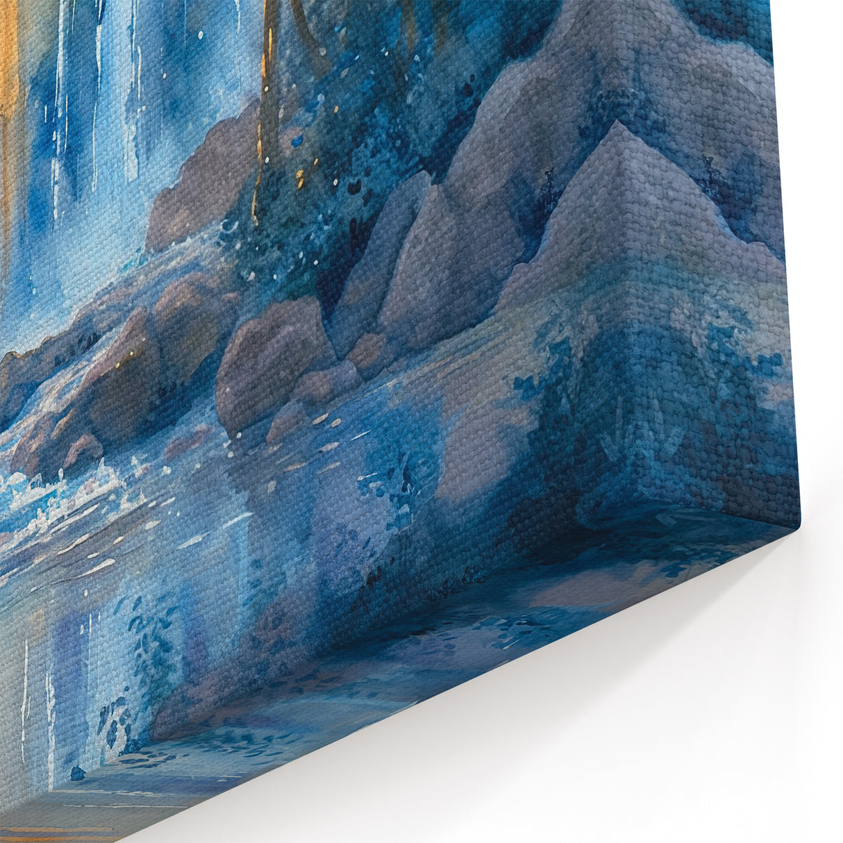 Tranquil Watercolor Waterfall - Serene Blue and Gold Landscape Painting