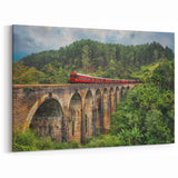 Scenic Red Train on Bridge Wall Art - Vibrant Locomotive Canvas Print