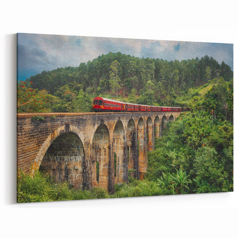 Scenic Red Train on Bridge Wall Art - Vibrant Locomotive Canvas Print