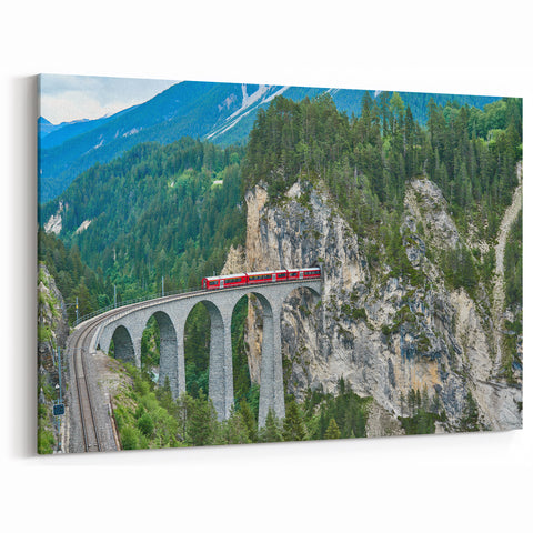 Red Train in Mountains Wall Art - Majestic Locomotive Canvas Print