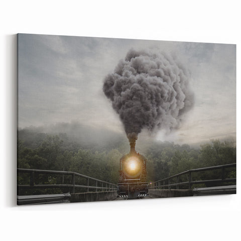 Steam Train on Misty Bridge Wall Art - Dramatic Locomotive Canvas Print