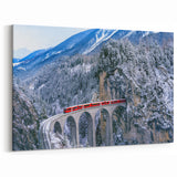 Red Train in Snowy Alps Wall Art - Winter Wonderland Locomotive Print
