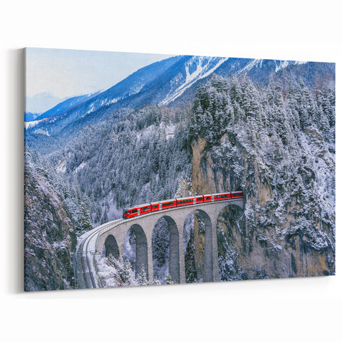 Red Train in Snowy Alps Wall Art - Winter Wonderland Locomotive Print