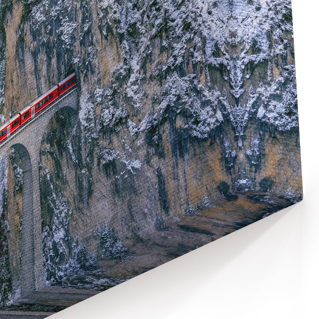 Red Train in Snowy Alps Wall Art - Winter Wonderland Locomotive Print