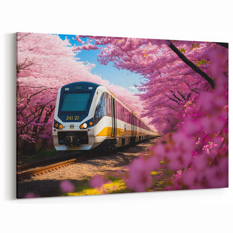 Cherry Blossom Train Wall Art - Vibrant Spring Locomotive Canvas Print