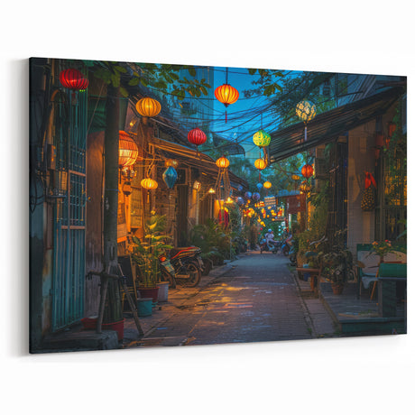 Vibrant Lantern Alley Art – Colorful Street Scene Canvas for Eclectic Decor