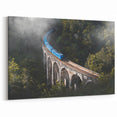 Blue Train in Misty Forest Wall Art - Serene Locomotive Canvas Print