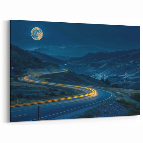 Moonlit Highway Landscape Wall Art - Serene Night Road Journey Print