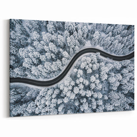 Snowy Pine Forest Road Wall Art - Aerial Winter Wonderland Print